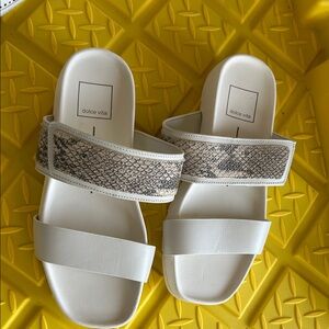 Dolce Vita White Slides with Snake-Print Strap Accent